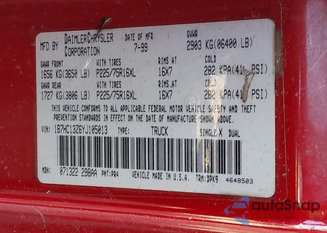 2000 Dodge Ram 1500 St из США, поврежденный, VIN 1B7HC13Z6YJ105013